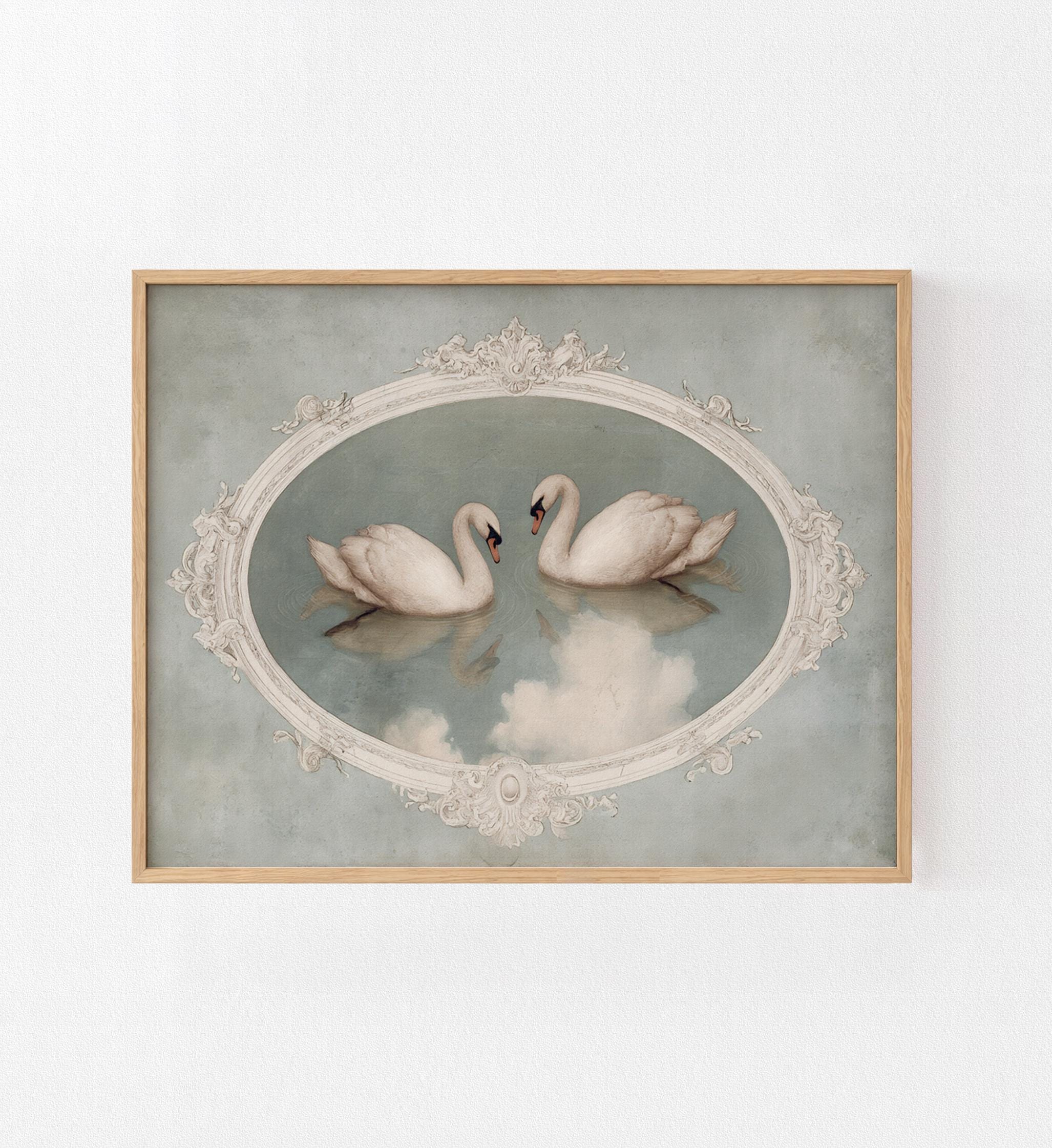 Swans Facing Each Other Art Print, Misty Lake in Ornate Oval Frame