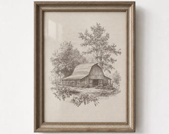Classic Weathered Barn Pencil Sketch Art Print, Vintage Farmhouse Drawing, Rustic Farmhouse Home Decor