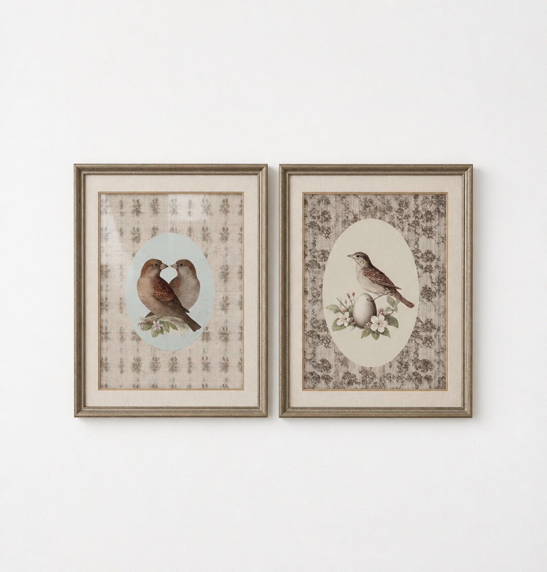 Vintage Bird Botanical Art Prints, Set of 2, Farmhouse Gallery Wall ...