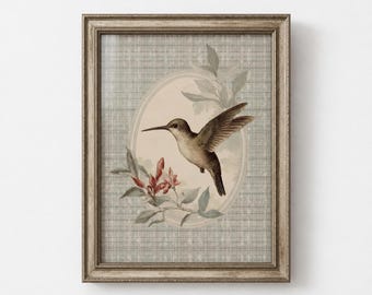 Cottage Hummingbird Art Print, Vintage Bird Illustration, Neutral Wall Art, Farmhouse Nursery Art