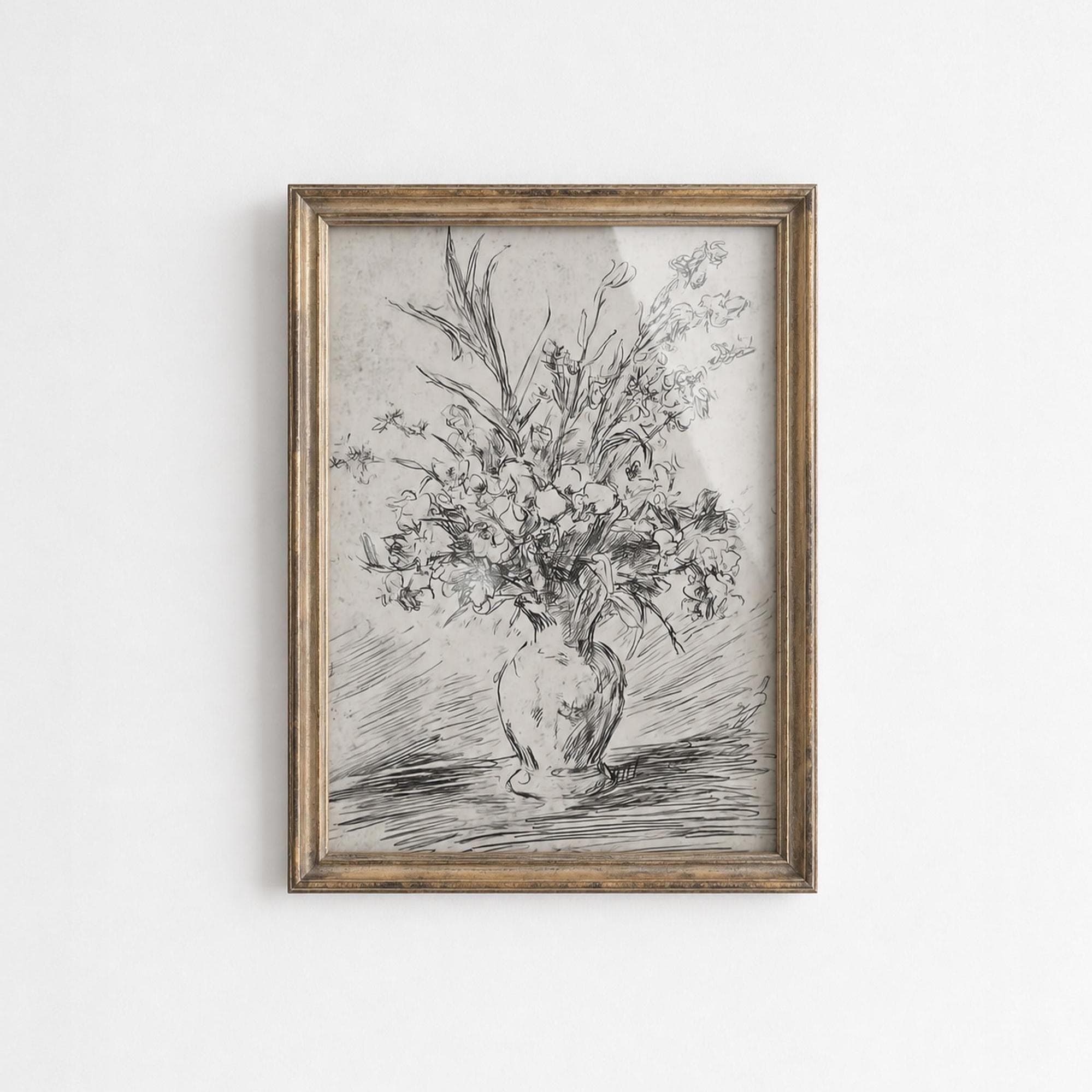 花瓶に生けられた花束の壁掛けアート、背の高い尖った花を描いたインク