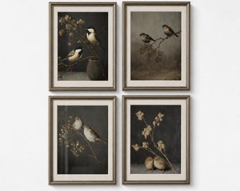 Conjunto de 4 gravuras de pássaros canoros melancólicos, arte de parede de galeria antiga, decoração de parede para sala de estar.
