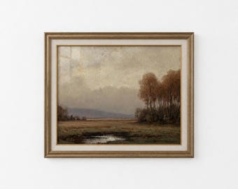 Moody Fall Landscape Print, Vintage Pastoral Scene, Country Home Decor, Large Landscape Print