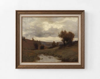 Moody Fall Landscape Art Print, Vintage Pastoral Stream, Antique Art Print, Large Landscape Print