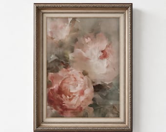 Antique Pink Rose Wall Decor, Vintage Floral Oil Painting, Cottagecore Farmhouse Wall Art
