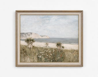 Vintage kustväggtryck, neutral strandscen, tidlös heminredning, väggkonst för vardagsrum