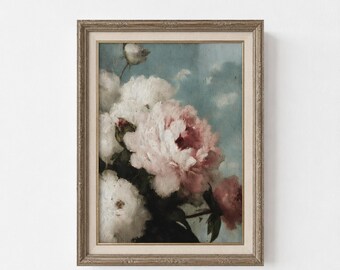 Vintage Pink Peony Art Print, Antique Floral Painting, Living Room Wall Art