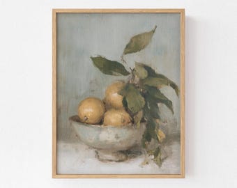 淡いボウルに入ったレモンのアートプリント、葉の茂った枝の油絵