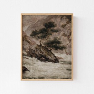 Könnte beinhalten: Gerahmtes Vintage-Landschaftsgemälde. Das Kunstwerk zeigt einen Baum auf einem Felsvorsprung in einem Fluss, mit einem Wasserfall und Bergen im Hintergrund. Die Farbpalette ist gedämpft, mit Brauntönen, Grau und Grün.