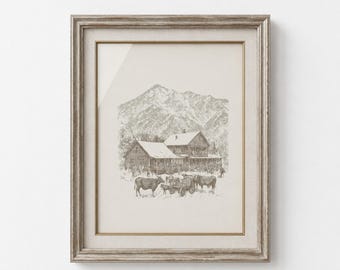 Classic Farmhouse Pen Drawing Wall Art, Vintage Sketch Print with Cattle, Farmhouse Home Decor