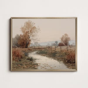 Vintage Autumn Landscape Print: Rustic Farmhouse River Art (Digital Download)