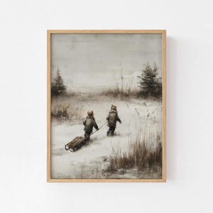 Rustic Winter Scene Art Print, Vintage Snowy Path Sleigh Scene, Farmhouse Christmas Art, Above Sofa Wall Art
