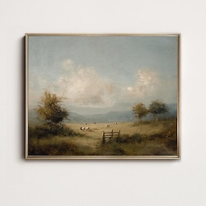 Vintage Cow Landscape Print: Rustic Farm Pasture Art (Digital Download)