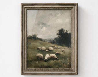 Print van een landelijk schapenweidelandschap, rustieke boerderijmuurdecoratie (digitale download)