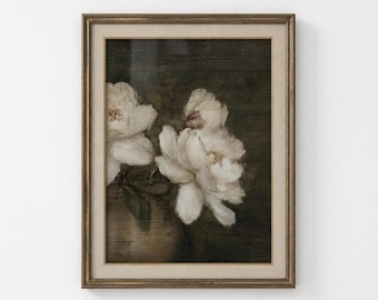 Moody White Peony Art Print, Vintage Floral Painting, Farmhouse Wall Decor
