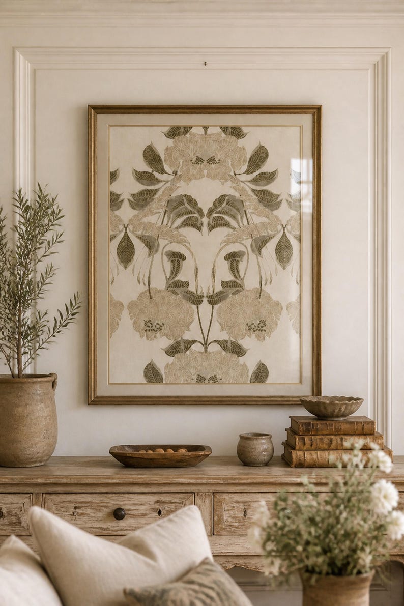Symmetrical Damask Floral Vintage Tapestry Print, Large Blooms with Feathered Leaves (Digital Download) image 6