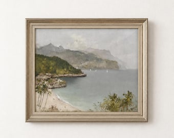Vintage Coastal Beach Scene Print, Sailboats, Palms, Seascape Wall Art (Digital Download)
