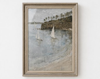 Vintage Sailboat Wall Print, Moody Coastal Seascape, Oil Painting Print, Above Sofa Wall Art