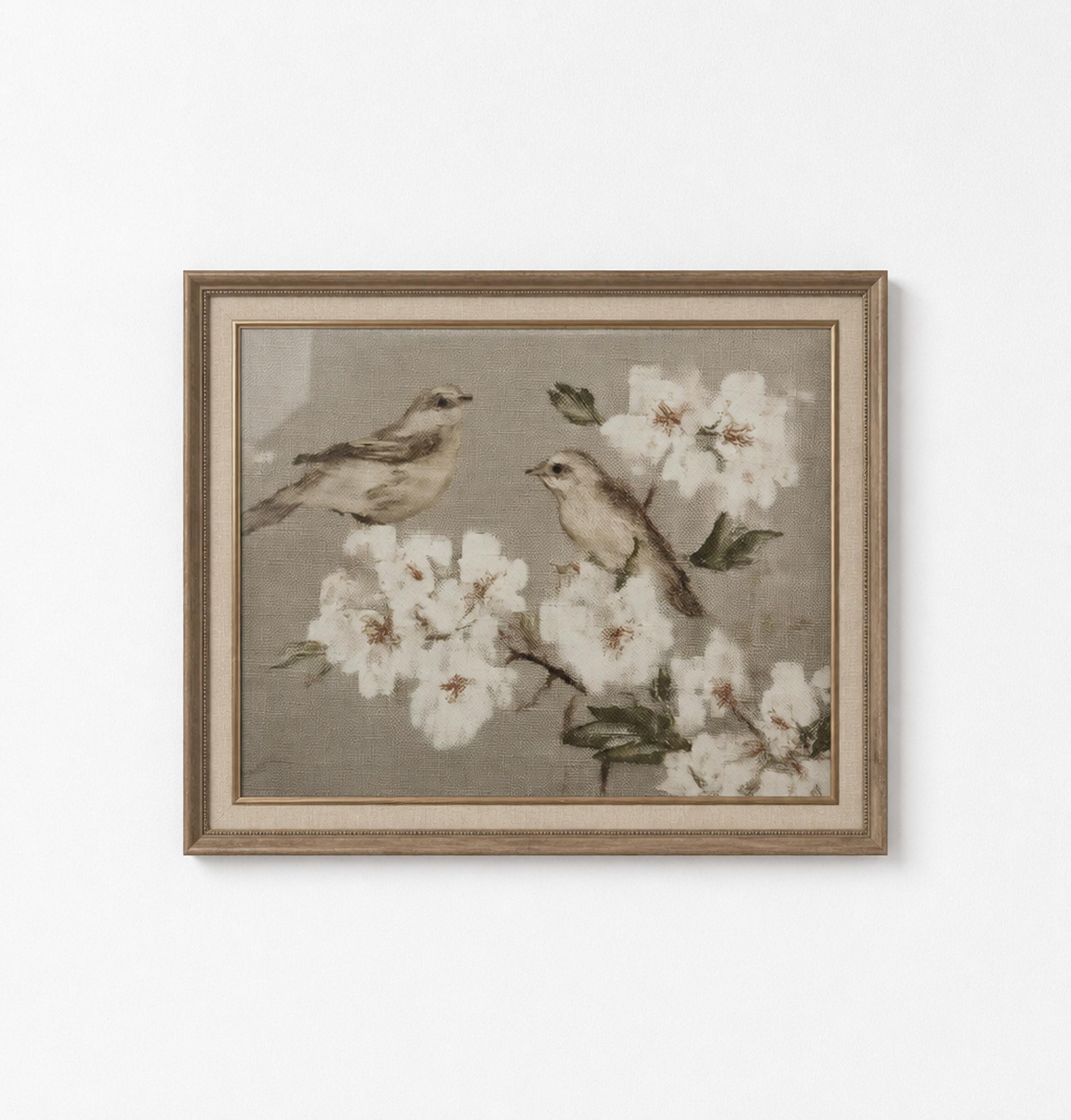 花咲く枝にとまる小さな鳴き鳥のつがい アートプリント、春の水彩画