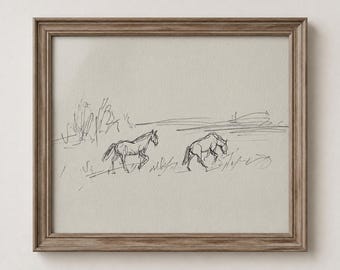 線画の木のアートプリント、草むらと地平線の上に描かれたインク画