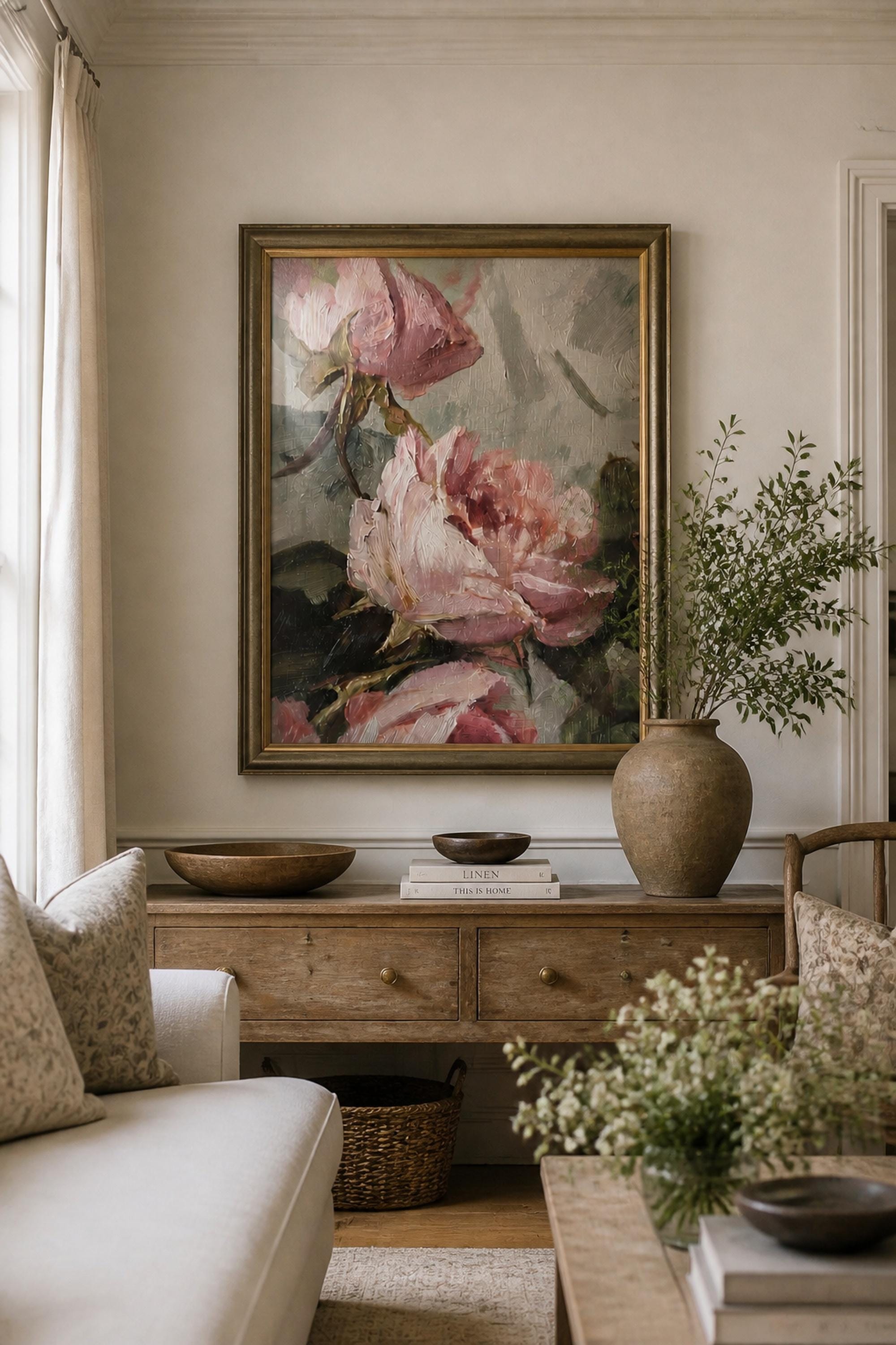 アンティークピンクのバラの壁飾り、ヴィンテージの花柄絵画、ファーム