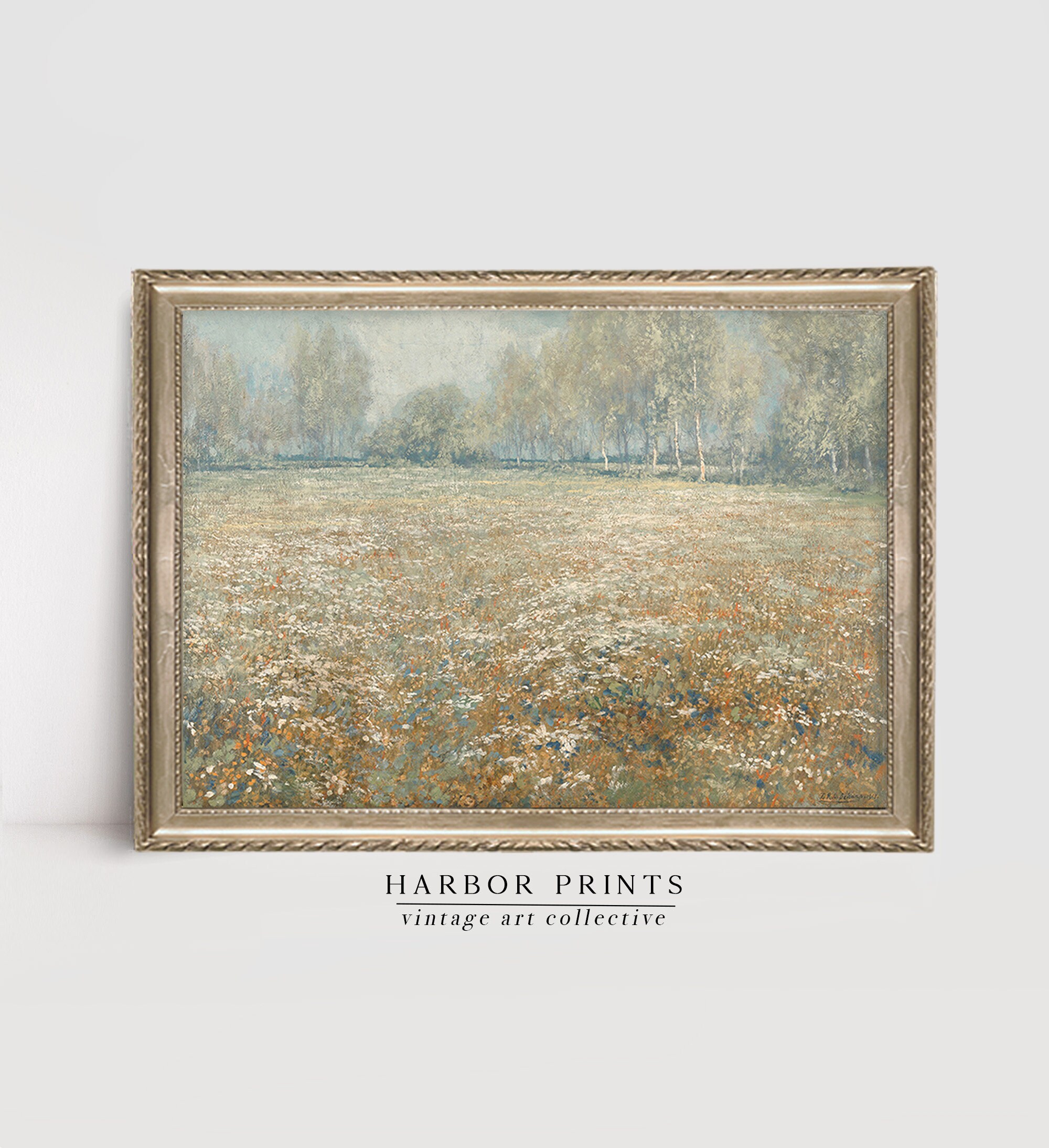 Flower Fields, Farmhouse Printable Neutral Vintage Oil Painting, Cottagecore Digital Download Wall Art Print