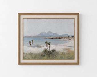 Väggdekor i vintagestil med havslandskap, dämpad strandscen med palmer, neutral heminredning, strandhusdekor