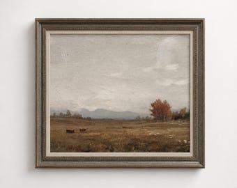 Stämningsfullt höstlandskapstryck, vintage pastoral scen, traditionellt konsttryck, stort landskapstryck