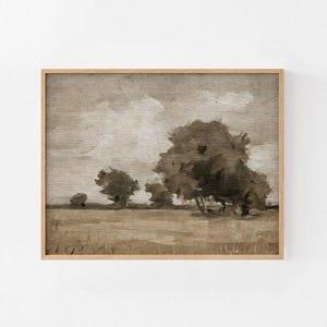 Puede incluir: Pintura de paisaje enmarcada en tonos apagados. La obra representa un campo con árboles bajo un cielo nublado. La paleta de colores incluye tonos de marrón, beige y gris, creando una estética vintage.