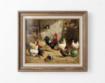 Farmhouse Chicken Art Print, Rustic Barnyard Scene, Vintage Home Decor, Farmhouse Kitchen Decor