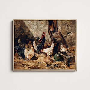 Antique Chickens Oil Painting: Farmhouse Cottage Decor (Digital Download Print