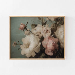 Romantic floral digital art for gallery wall — soft blush and white peonies depicted with painterly strokes on a muted green background.