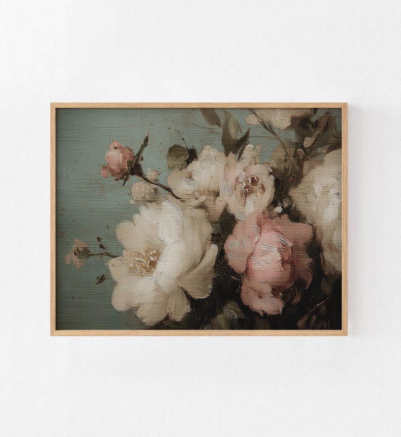 Romantic floral digital art for gallery wall — soft blush and white peonies depicted with painterly strokes on a muted green background.