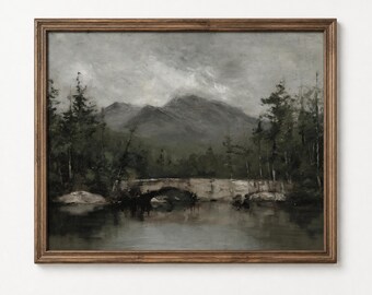 Stone Arch Bridge Wall Art, Alpine Lake Oil Painting Beneath Storm Clouds (Digital Download)