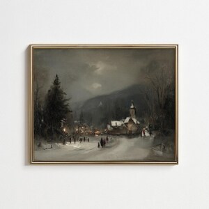 Vintage schilderij winterdorp – Cottagecore met sneeuw (digitale download)
