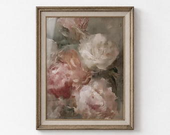 Antique Blush Peony Print, Vintage Floral Painting, Farmhouse Wall Decor
