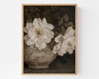 陶器の鉢に生けられた白い花の壁掛けアート、黄色い中心部を持つ油絵