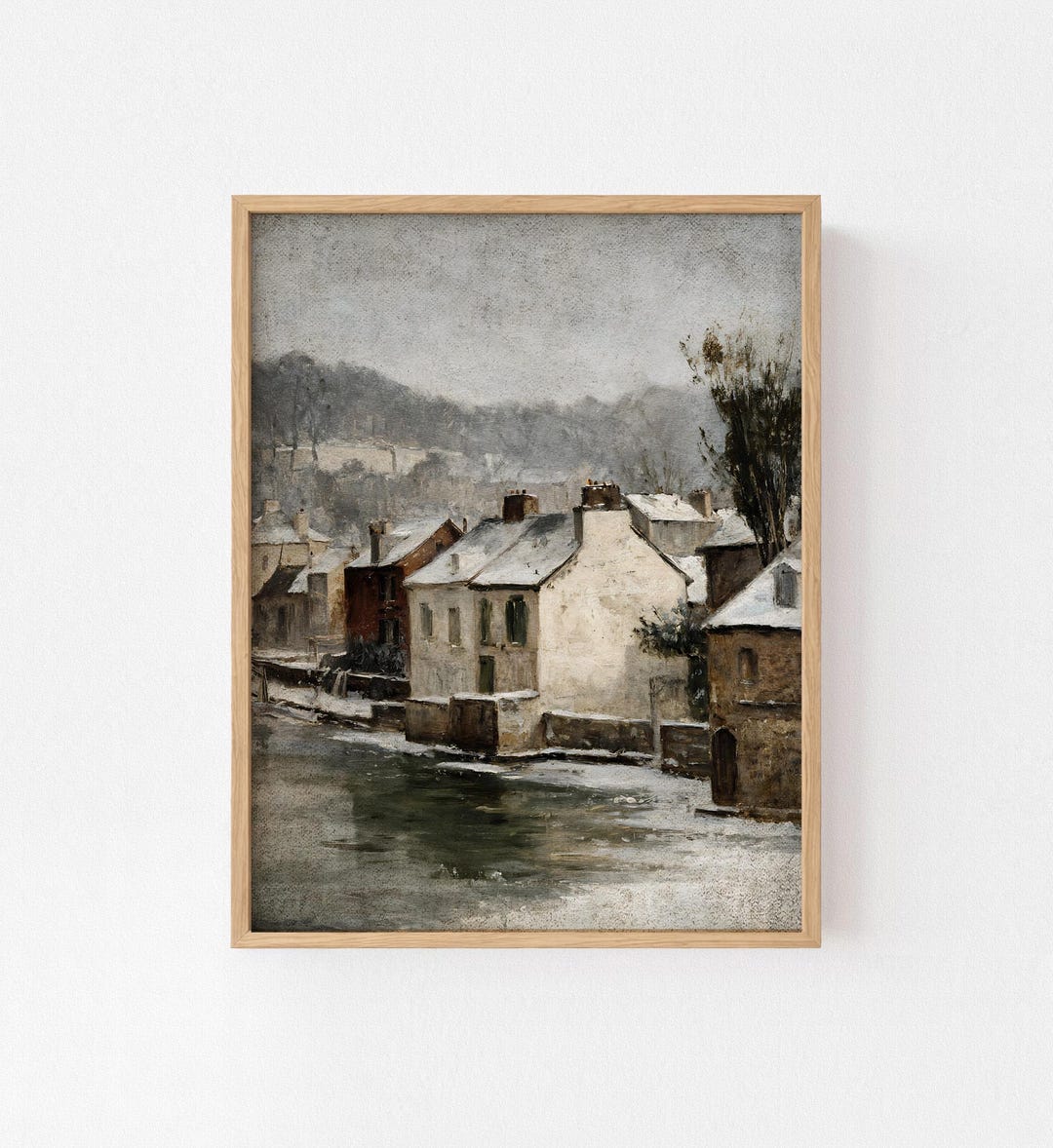 Vintage Winter Village Scene, Printable Wall Art - Rustic Riverside ...