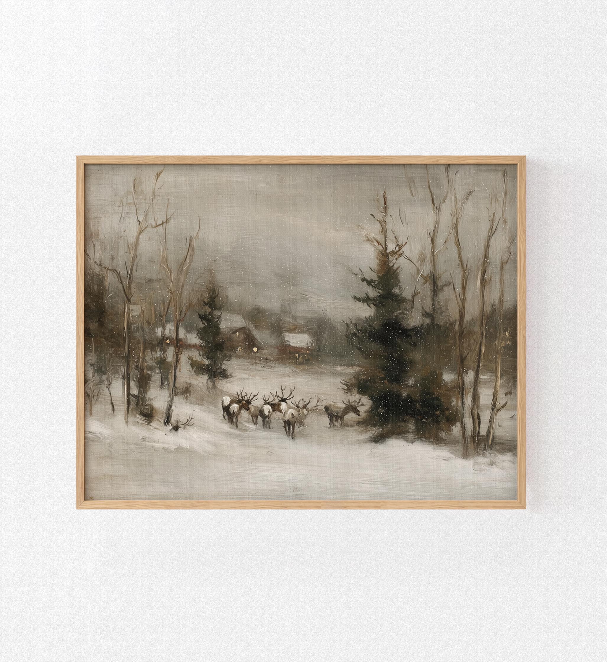 Winter Christmas Landscape Printable Wall Art – Snow and Deer Scene ...
