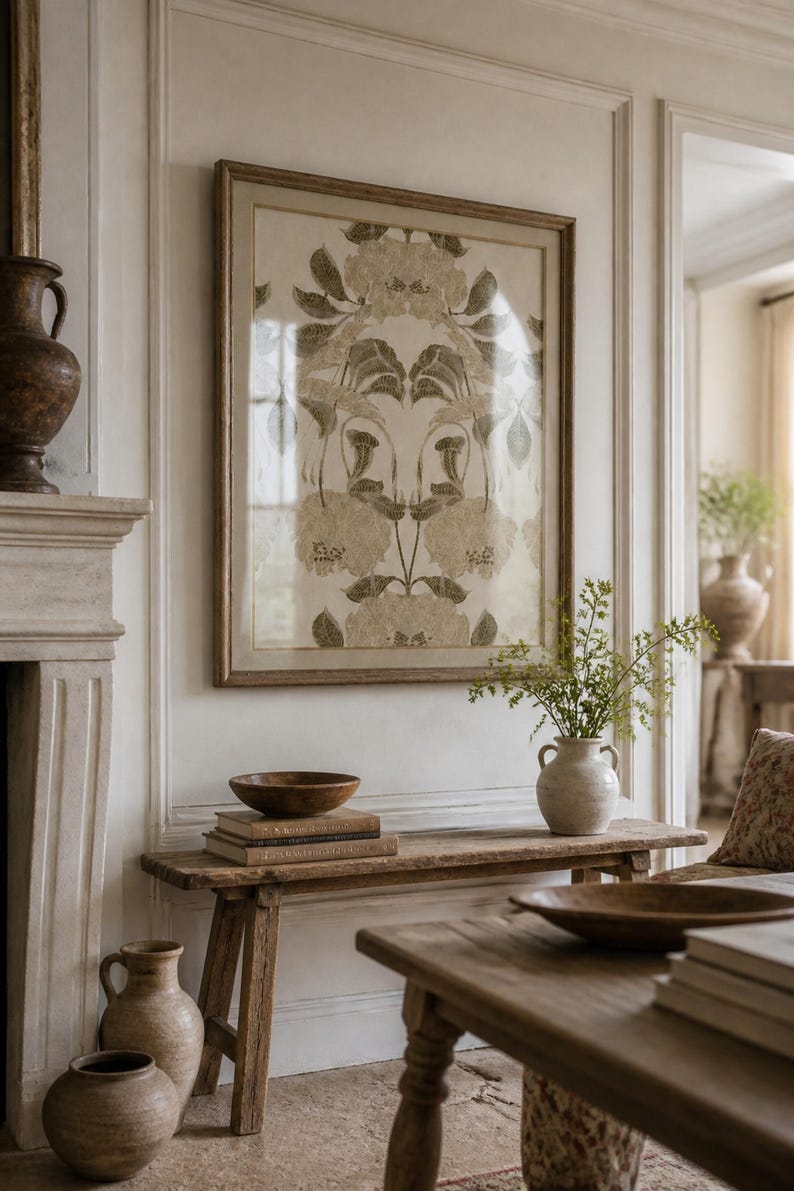 Symmetrical Damask Floral Vintage Tapestry Print, Large Blooms with Feathered Leaves (Digital Download) image 3