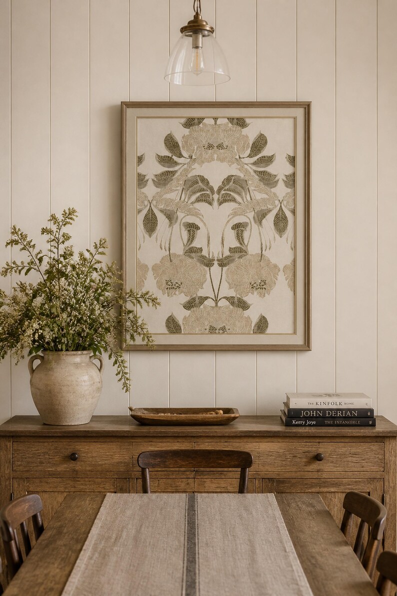 Symmetrical Damask Floral Vintage Tapestry Print, Large Blooms with Feathered Leaves (Digital Download) image 4