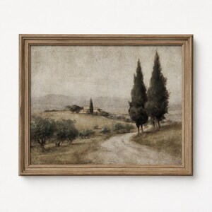 Winding Road Past Cypress Trees Wall Art, Hilltop Hamlet with Tower Oil Painting (Digital Download)