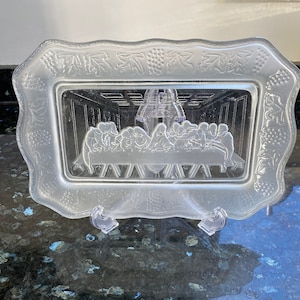 Indiana Glass Tiara Embossed Frosted Glass Trinket Dish THE LAST SUPPER