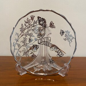 Vintage Silver City 25th Anniversary Crystal Glass Plate Silver Overlay 7.5”