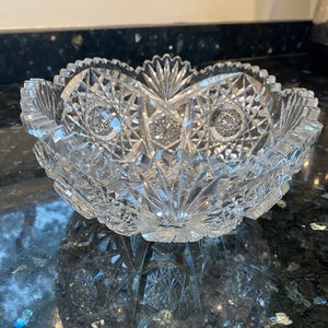 Antique American Brilliant Bowl Leaded Crystal Cut Glass Hobstar, Diamond, Sawtooth Edge, Centerpiece, Clear Glass