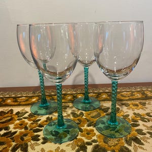 Vintage Cristal D’Arques Angelique Aqua Wine Glass/Aqua Stem Wine Glass/Twisted Stem Wine Glass/Teal Stem Wine Glass - Set of 4