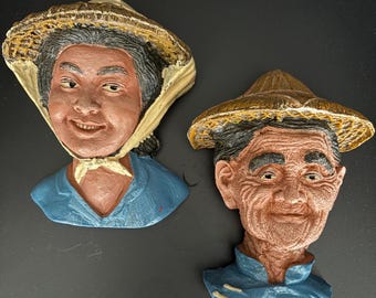 Vintage Chalkware Busts of Asian Man and Woman