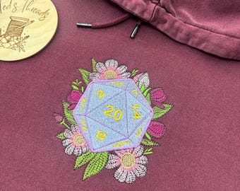 Embroidered DnD Dungeons and Dragons Organic Cotton Sweatshirt Hoodie T-Shirt Floral Dice