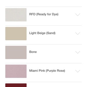 May include: Color swatches for fabric in black, white, ready for dye, light beige, bone, Miami pink, cherry red, and burnt yellow.