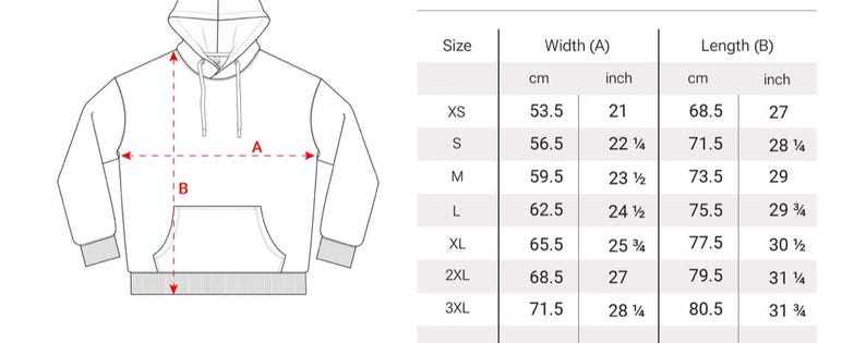 K&ouml;nnte beinhalten: Ein wei&szlig;es Hoodie-Diagramm mit Ma&szlig;en in Zentimetern und Zoll. Das Diagramm zeigt die Breite und L&auml;nge des Hoodies, mit Gr&ouml;&szlig;en von XS bis 3XL. Die Breitenmessungen reichen von 53,5 cm bis 71,5 cm.